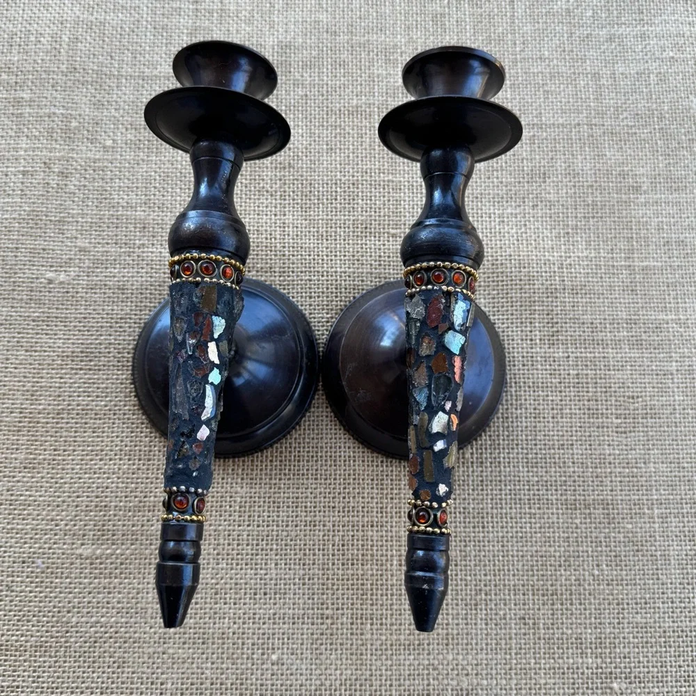 vintage brass wall sconce candle holders with a mosaic inlay